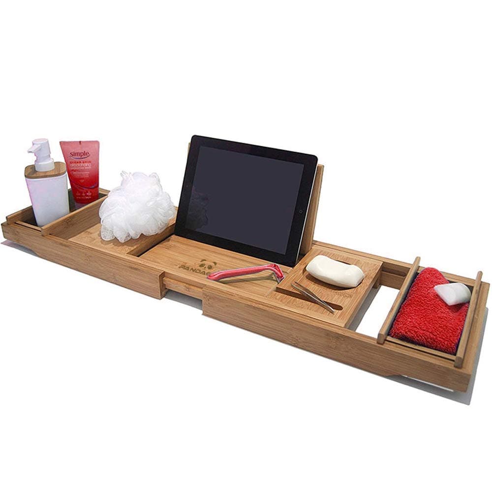 Luxury bath tray extendable bathtub caddy - WITH MIRROR - One or Two Person Bath and Bed Tray also comes with Extending Non Slip Sides, Book and Wine Glass Holder, 2 Removable Storage Shelves. (wood)