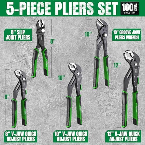 SK 5-Piece Pliers Set, 8" Adjustable Joint, 8", 10" and 12" Quick Adjust V-Jaw Groove Joint, 10" Pliers Wrench, Premium CR-V Construction, with EVA Foam Tool Organizer