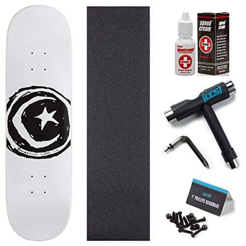 Foundation Star and Moon Skateboard Deck - White - 8.25" with Bones Speed Cream, CCS Grip, Skate Tool, and 1" Hardware