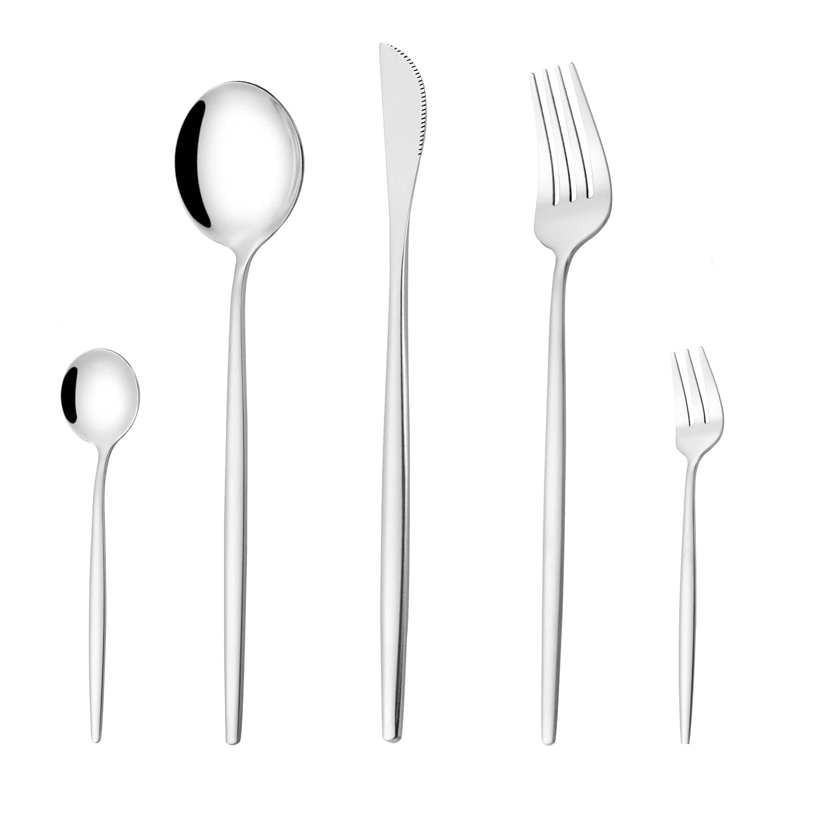 Mirror Modern Flatware Set for 4, 20-Piece Stainless Steel Silverware Set, Unique Utensils with Long Forks Spoons and Knives Sets, Great for Home and Restaurant, Dishwasher Safe - Silver