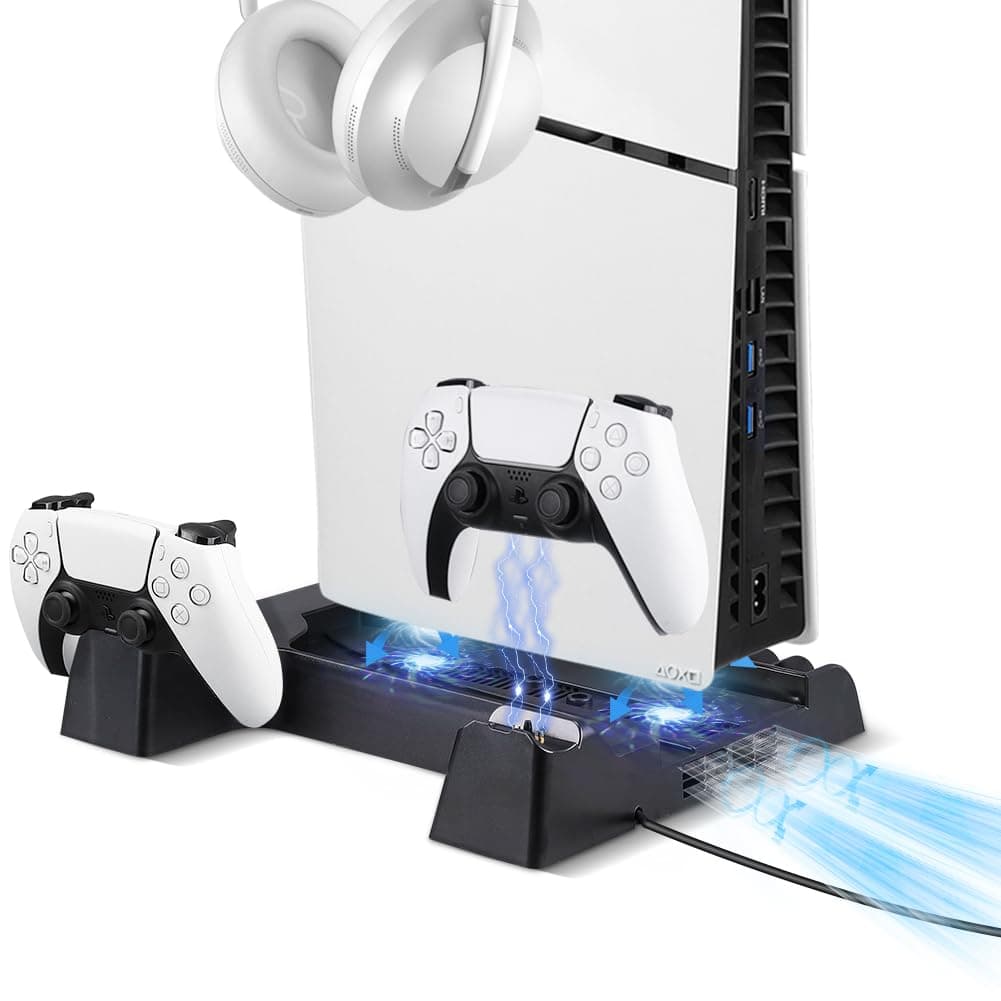 PS5 Slim Stand with Cooling Fan and Controller Charging Station for PS5 Slim Console Disc/Digital, for PS5 Accessories Cooling Fan Holder,Headset Holder for Playsation 5 Black Color