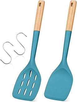 Pack of 2 Silicone Spatula, Non Stick Cooking Utensil Set Wooden Handle Kitchen Turner for Baking Mixing Grilling Serving Food Heat Resistant Non Scratch Hooks Included (Blue)
