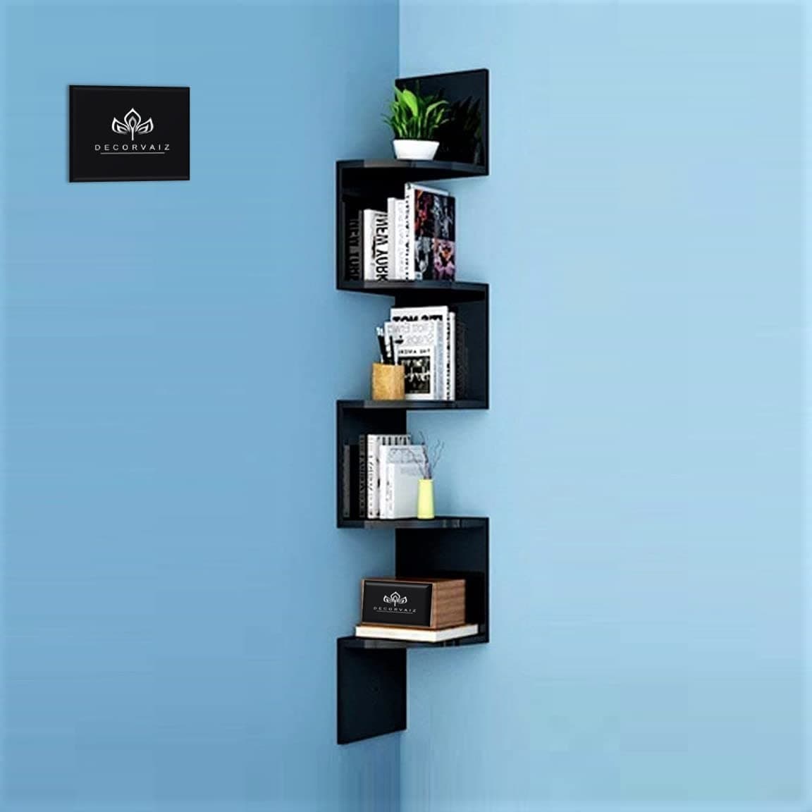 DECORVAIZ Curl Zig Zag Hanging Floating Wall Mounted Display Shelves| Corner Hanging Shelf for Wall Decoration of Your Home, Living Room, Bed Room, Office [Black]