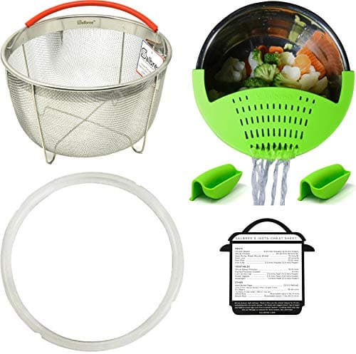 Salbree 6 Piece Kit for Instant Pot Accessories Set Includes 6qt Stainless Steel 304 Steamer Basket, 6 Quart Clip N Strain, Inner Pot Mitts, 6 qt Sealing Ring, Instapot Cheat Sheet Reciepe (6 pcs)