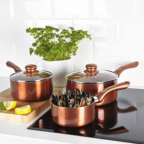 Cermalon 3pc Copper Ceramic 100% Non-Stick Saucepan Set - 20cm, 16cm, 14cm saucepans with glass lids