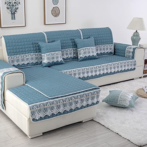 vctops Farmhouse Solid Color Sofa Slipcover Non Slip L Shape Sofa Cover Lace Trim Plaid Quilted Sectional Couch Cover Furniture Protector Cover for Pets Kids Children Dog Cat (Dark Green,28"x82")