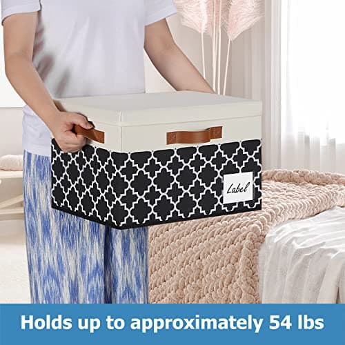GhvyenntteS Extra Large Storage Bins with Lids, Foldable Fabric Storage Boxes with Lids and 3 Handles, Storage Baskets with Label Window (3 Pack, White&Lattice Black, 15.75x11.8x10.2)