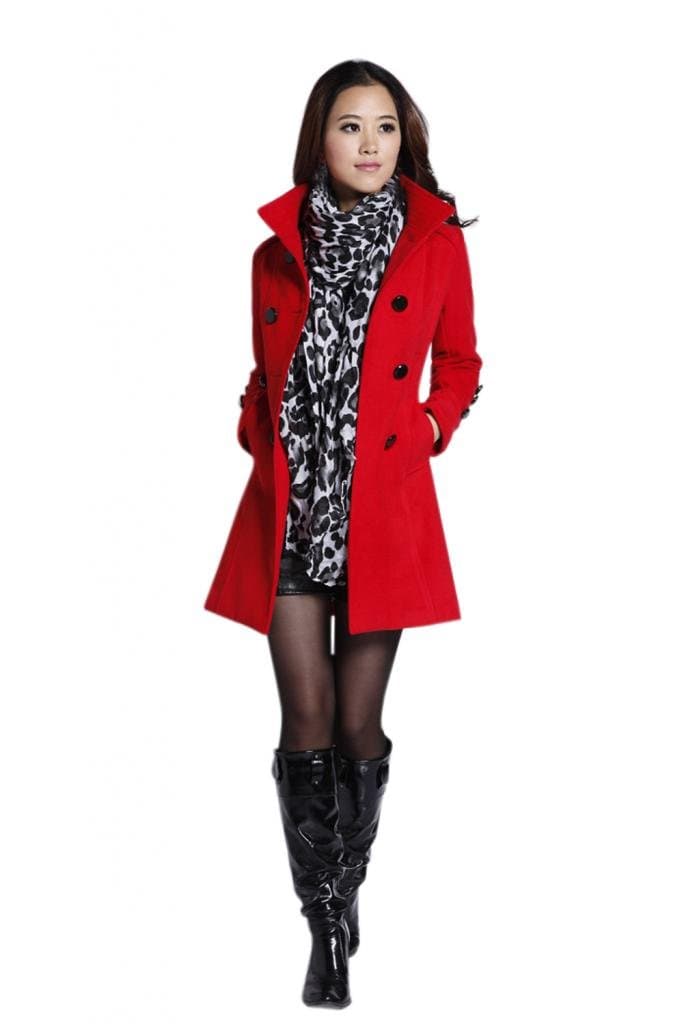 Huafeng Womens Double Breasted Woolen Jacket Coat Red 4