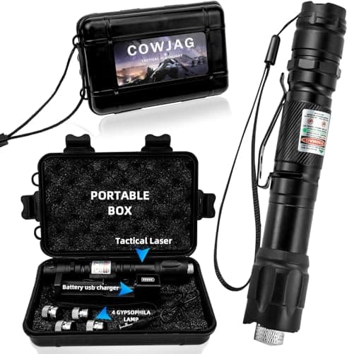 Cowjag Green Laser Pointer Flashlight, High Power, Long Range, Rechargeable, Waterproof, Single Push On/Off, with Carrying Case