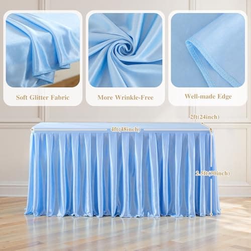 4FT Blue Satin Tablecloths for Rectangle Tables - Shiny Spandex Party Table Cover with Pleated Table Skirt, No-Wrinkle & Glossy Wedding Tablecloth One-Piece for Birthday Baby Shower Banquet Ceremony