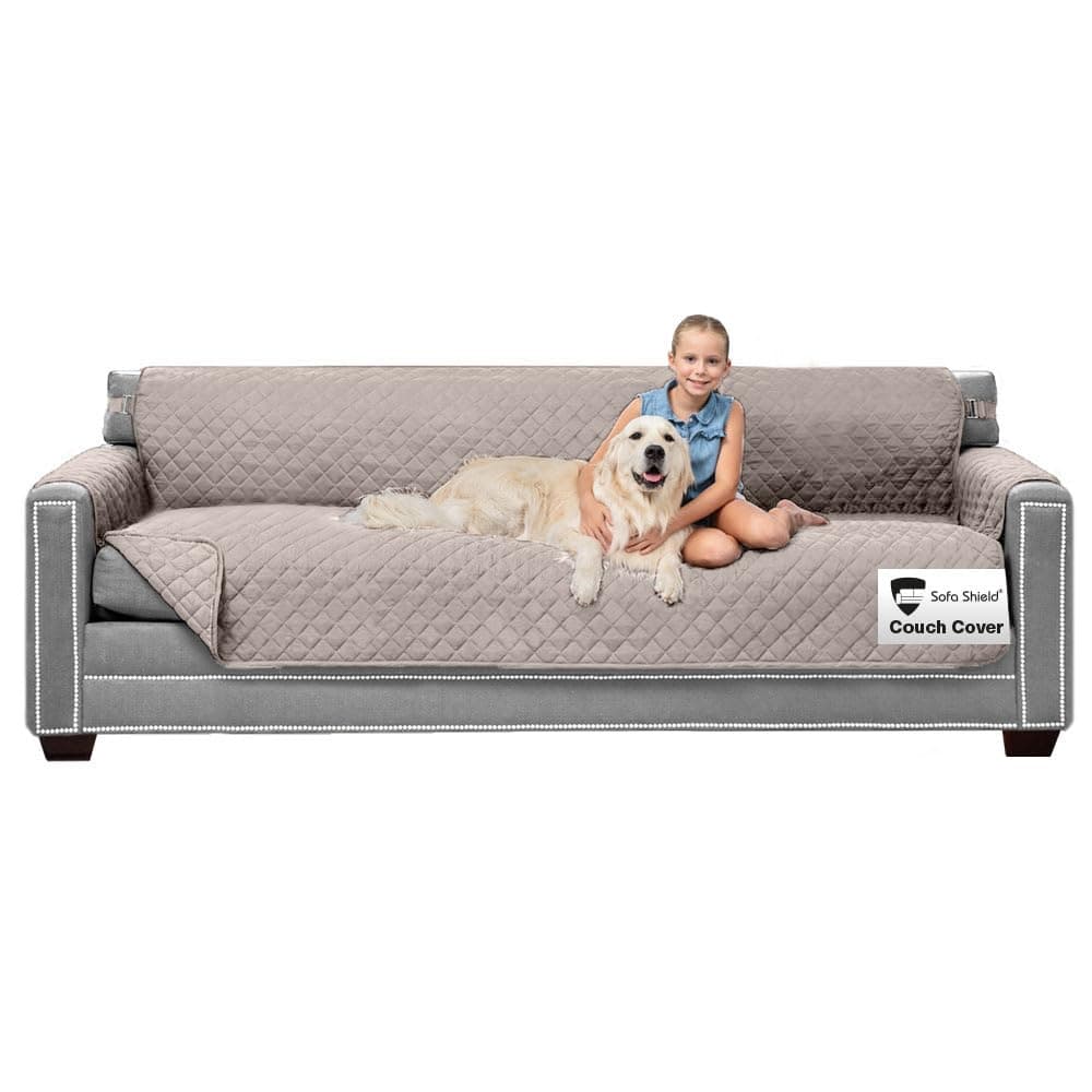 Sofa Shield Patented Couch Slip Cover, Large Cushion Protector, Reversible Stain and Dog Tear Resistant Slipcover, Quilted Microfiber 88” Seat, Washable Covers for Dogs Pets Kids, Light Taupe