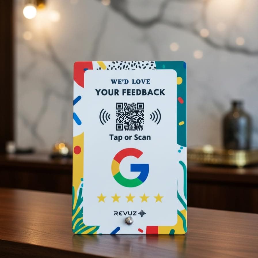 Gooogle Review Standee with QR Code and NFC chip | Tap or Scan | Elevate Your Online Reputation Effortlessly | Zero Hassle Self-Setup (White)