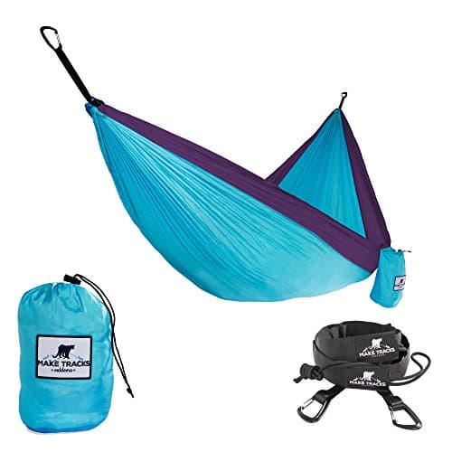 Make Tracks Outdoors Hammock by, Double Parachute Camping Hammock with 2 Aluminum Carabiners & 2 Tree Friendly Durable Straps, Ripstop Nylon Parachute Material, Set Up in Seconds