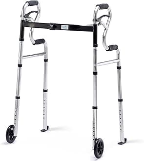 Walkers for Seniors with 5” Front Wheels by Health Line Massage Products, Width Adjustable Compact Standard Walker Support Up to 350lbs, Quick Folding 2 Wheels Walker for Seniors, Silver