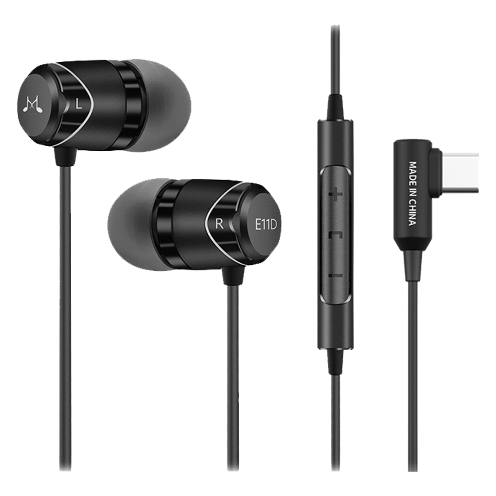 E11D Digital USB C Headphones Type C Earbuds with Microphone HiFi Stereo Earphones Powerful Bass Noise Isolating Compatible with Android Device Black