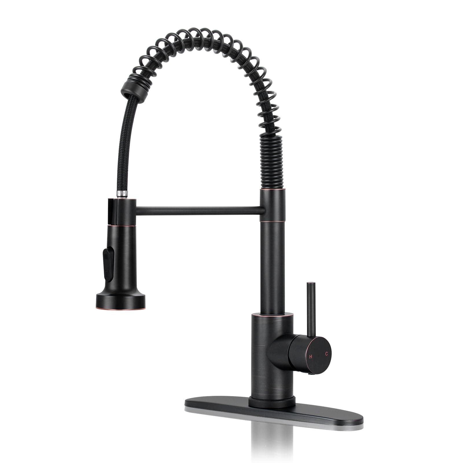 DJS Kitchen Faucets with Pull Down Sprayer Oil Rubbed Bronze -High Arc Single Handle 1 or 3 Holes Spring Kitchen Sink Faucet with Deck Plate for Farmhouse RV Vessel Basin