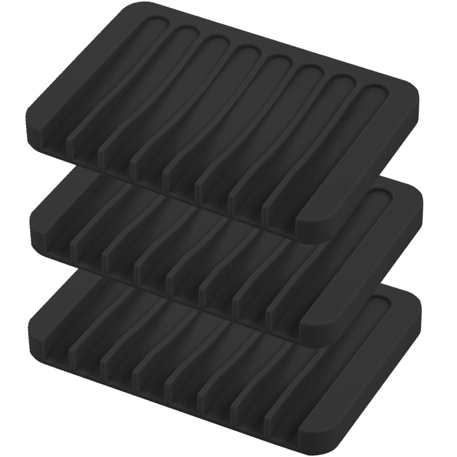 Self Draining Soap Dishes, 3 Pcs Silicone Waterfall Drainer Soap Holder for Bathroom, Extend Soap Life Keep Dry Clean & Easy Cleaning (Black)