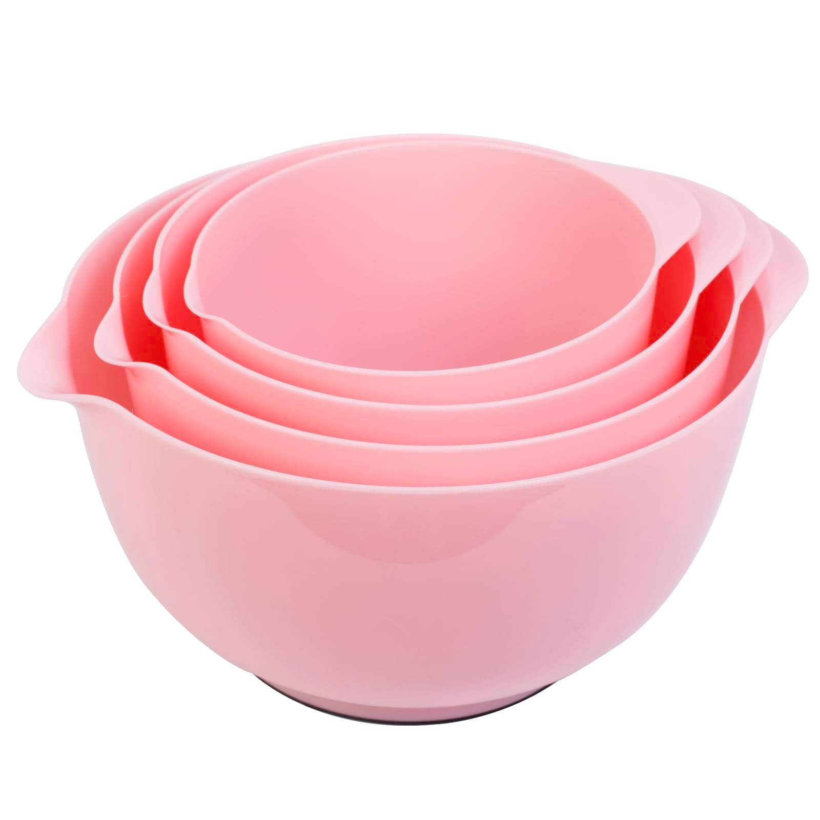 BoxedHome 4 Quart Large Plastic Mixing Bowls, Microwave Safe Mixing Bowl Set with Pour Spout, Nesting Bowls for Space Saving Storage(Fading Rose)