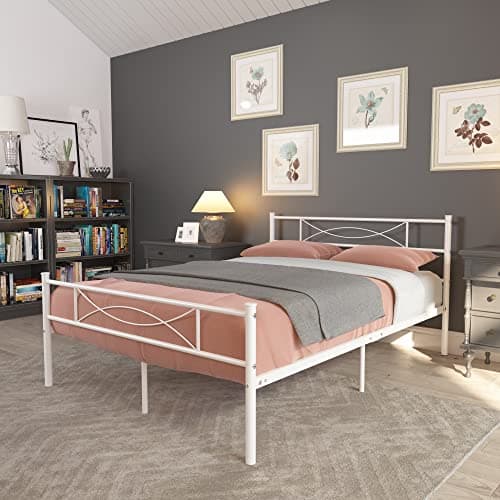 SimLife Metal Platform Bed Frame Full Size 12 Inch Under Bed Storage Mattress Frame No Boxspring with Headboard Non-Slip Steel Slat Support Mattress Foundation, White