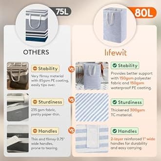 Lifewit 80L Collapsible Washing Laundry Basket Hamper, Dirty Clothes Basket Laundry Bin With Extended Handles For Storage Clothes Toys In Bedroom Bathroom, Blue, 2 Packs