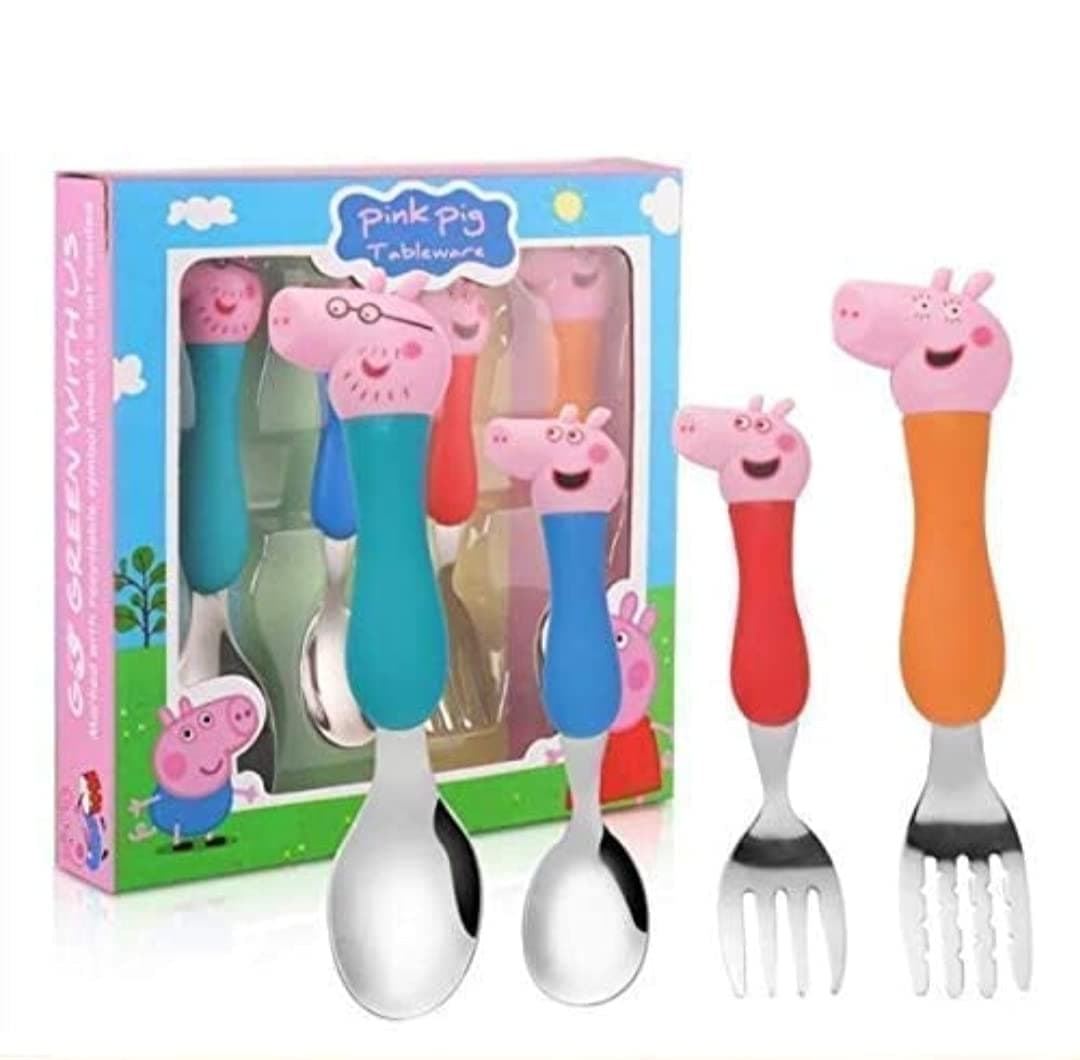 Vikas gift gallery Pink Pig Kids Spoon Set Plastic Handle | Children Stainless Steel Baby Spoon and Fork Set (Pack of 4)