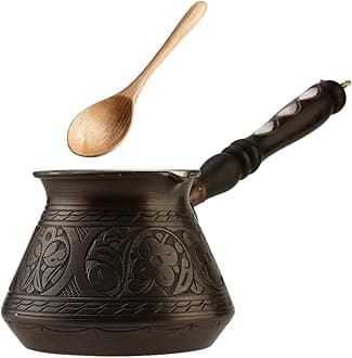 DEMMEX 15 Oz Thickest Copper Turkish Greek Arabic Coffee Pot, Stovetop Coffee Maker, Cezve Ibrik Briki with Wooden Handle & Spoon, Hand Engraved (Antique Copper, 6 Servings)