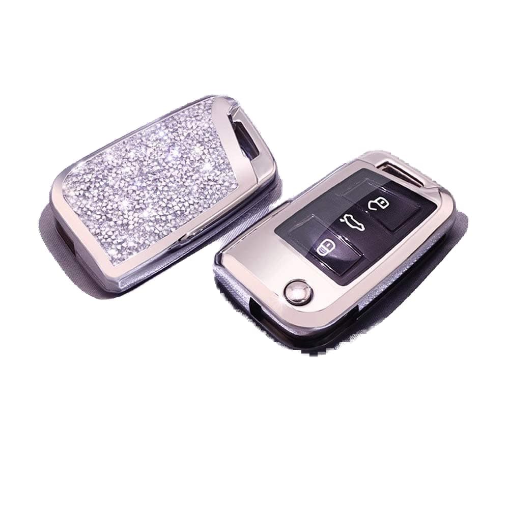 3 Buttons 3D Bling flip Folding Remote Key Fob case Cover for Volkswagen 2015 2016 2017 VW Keychain (Silver)