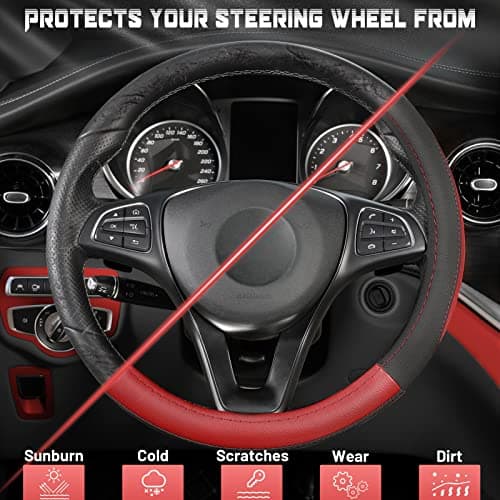 SEG Direct Black and Red Microfiber Leather Auto Car Steering Wheel Cover Universal 15 inch
