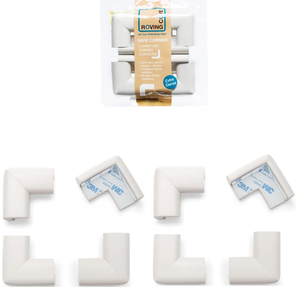 Roving Cove® 8-Piece Extra Pure, Extra Dense Safe CornerTM Cushion - Value Pack - Oyster; Premium Childproofing Corner Guard - Child Safety Home Safety Furniture and Table Edge Corner Protectors
