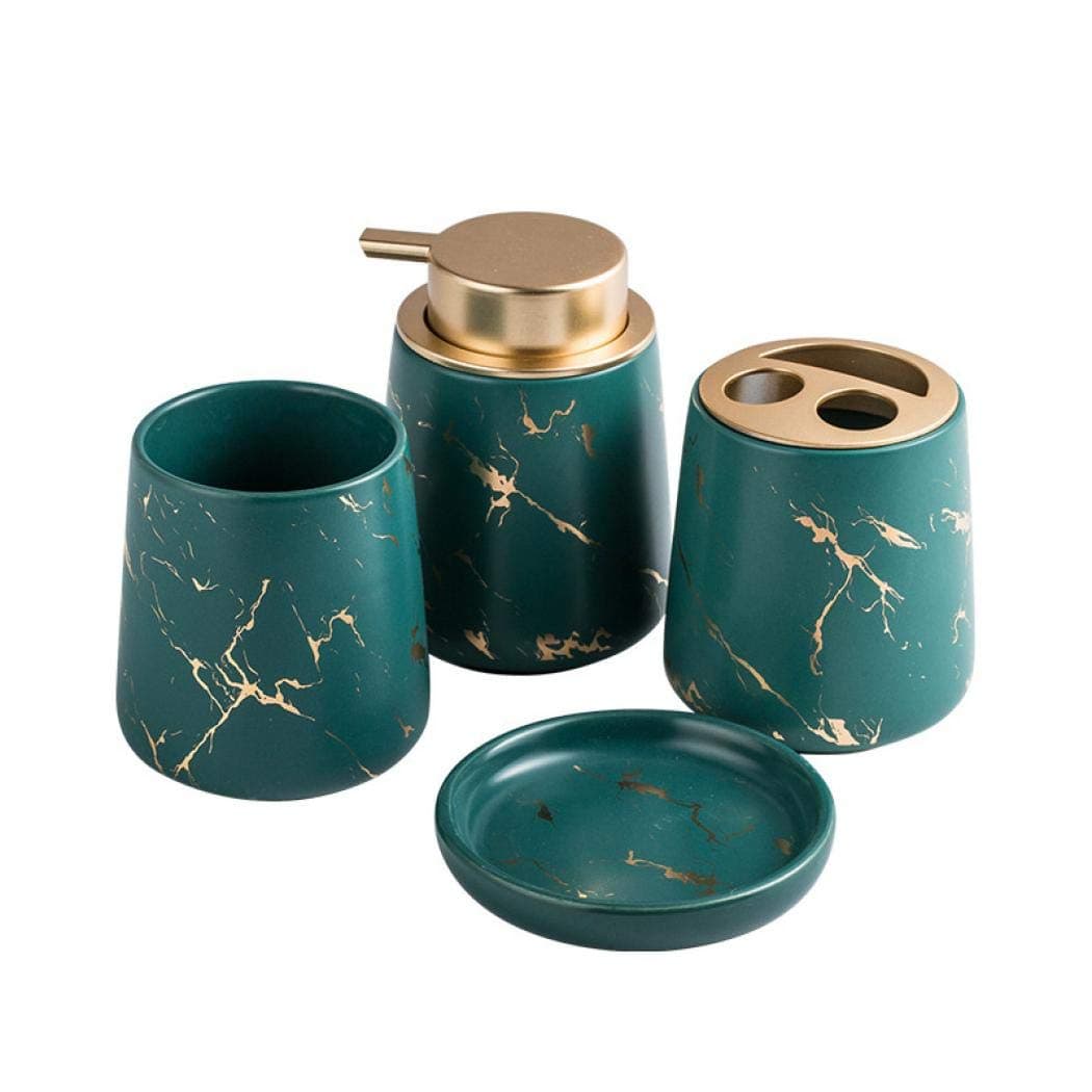 Ceramic Bathroom Accessories Set - 4 Piece Creative Bath Set with Toothbrush Holder, Toothbrush Cup, Soap Dish, Soap Dispenser, Bathroom Counter Accessories Sets（Dark Green）