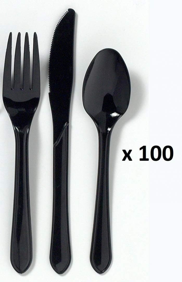 300x Black Heavy Duty Plastic Disposable Combi Fork, Knife & Spoon Set (100 Of Each)