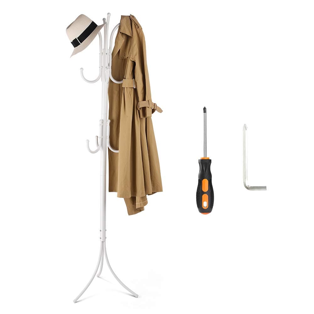 Cozzine Coat Rack Coat Tree Hat Hanger Holder 11 Hooks for Jacket Umbrella Tree Stand with Base Metal (White)