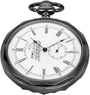 Uncovered Men's Mechanical Pocket Watch with Chain, Uncovered Roman Design Dial Chain Mechanical Pocket Watches for Men