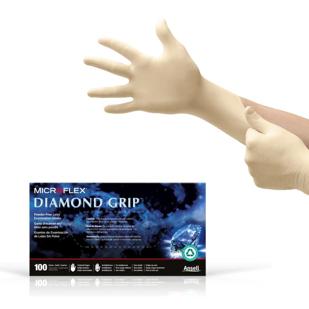 Microflex Diamond Grip MF-300 Disposable Gloves in Latex Multi-Purpose, Powder Free Glove in Natural Rubber for Exam, Cleaning or Mechanic Tasks, White, Size Small, Box of 100 Units