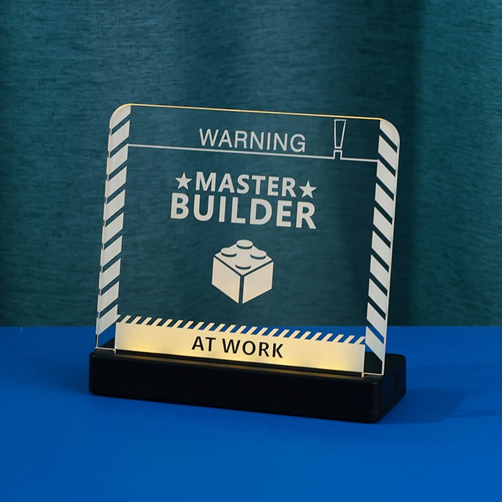 Kyglaring Universal Master Builder Sign Acrylic Glowing Nameplate for Use in Building Any Building Block Model - at Work