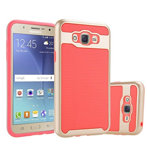 J7 case, Galaxy J7 (2015) Case, Aicover Dual Layers Textured Pattern Full-Body [Drop Proof] Shockproof Anti-Slip Armor Defender Protective Cover Skin Shell Bumper for Samsung Galaxy J7 (Orange-Golden)