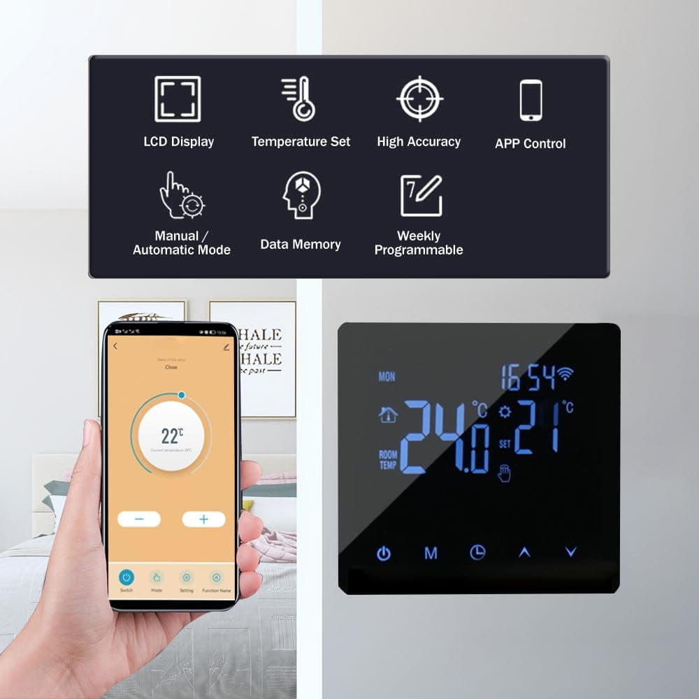 WiFi Smart Thermostat Temperature Controller for 3A Water Heating LCD Display Touch Screen Week Programmable Tuya App Control Underfloor Heating Thermostats for Home Office School Hotel