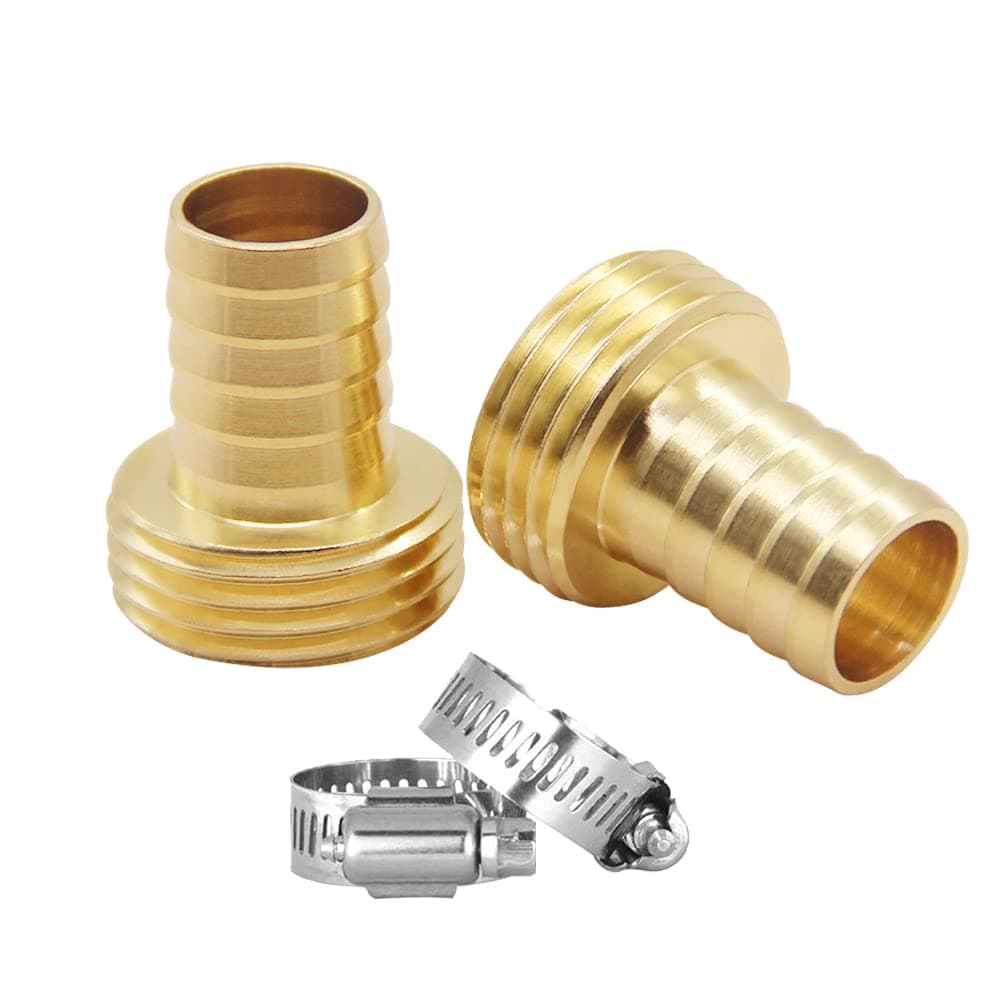 2PCS Solid Brass Garden Hose Repair Kit 5/8" barb x 3/4" Male GHT Thread Hose End Mender Water Hose Connector with Stainless Clamp