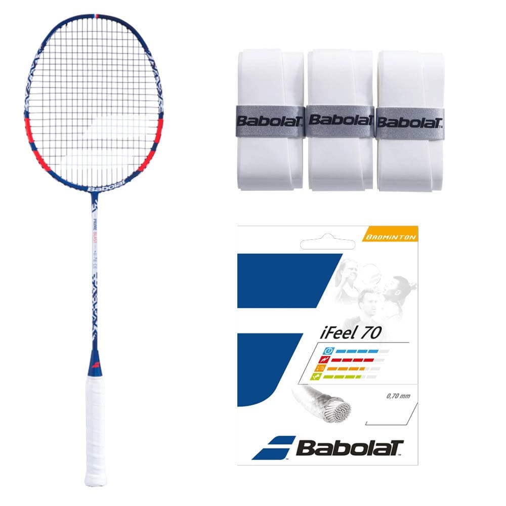 BABOLAT PRIME BLAST FULL GRAPHITE STRUNG BADMINTON RACKET WITH I-FEEL 70 STRING 10.2M,0.70MM GAUGE AND PRO TACKY X3 WHITE OVERGRIP PACK OF 3