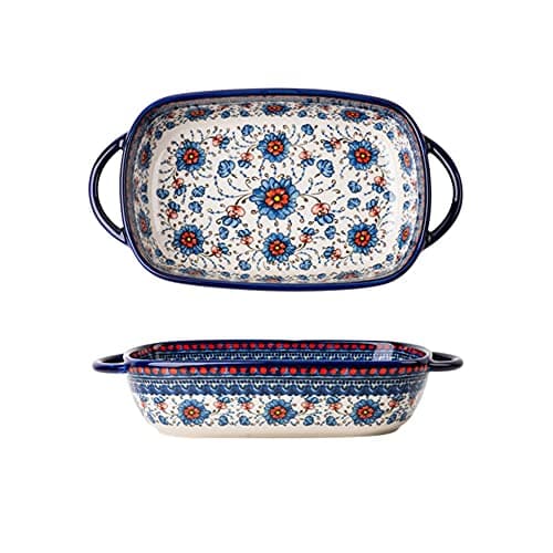 Vintage Style Ceramic Baking Dish with Handles for Oven/Kitchen/Cooking Blue and Orange 700 ml