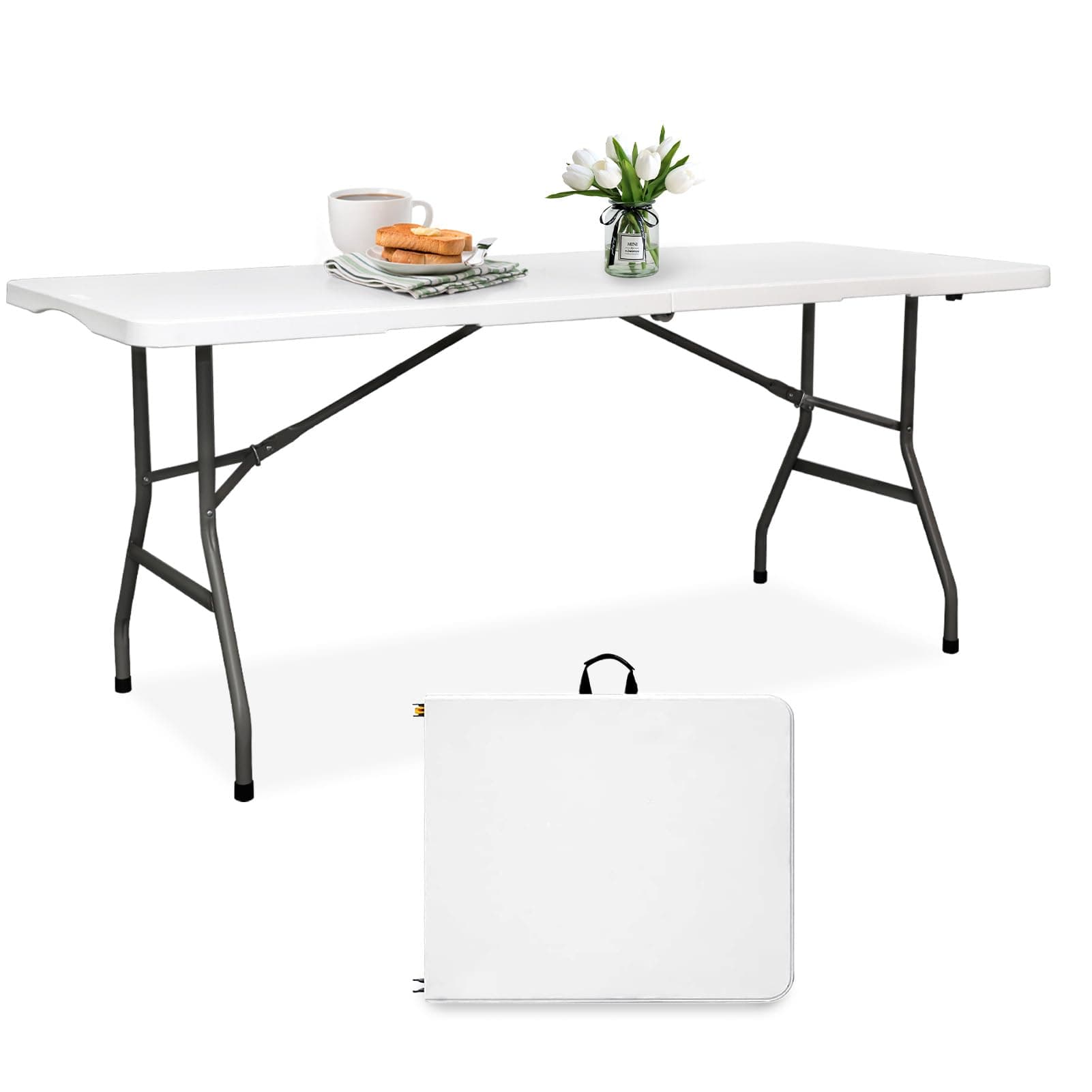 pollilar 6FT Folding Table Plastic 6 Foot Foldable Table HDPE Portable Banquet Surface Fold-in-Half Desk Utility for Working Meeting,Parties, Picnic, Camping, Weddings, Catering, Garden Dining-White