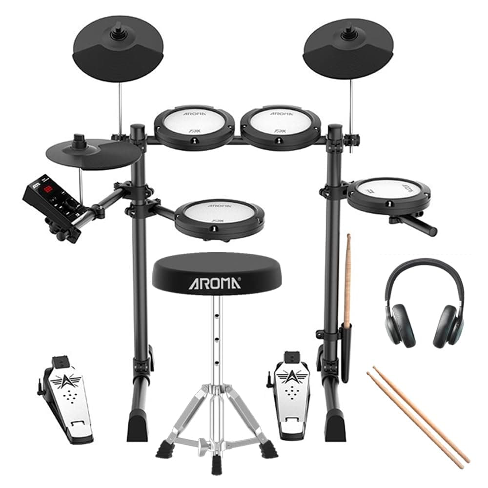 TDX-18 Electronic Drum Set with 4 Quiet Mesh Drum Pads, 2 Switch Pedal, Portable and Solid Drum Set with, Bluetooth, Drum Throne, Headphones and Sticks