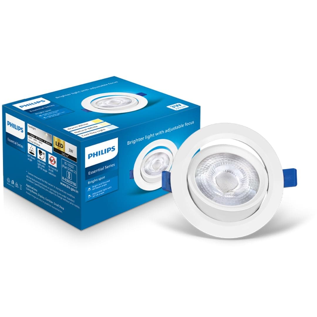 Philips polycarbonate 3 Watt White LED Ceiling COB Round Spot Light with Adjustable Tilt|Cut out: 63mm|Warm White, Pack of 1 (Bright Spot)