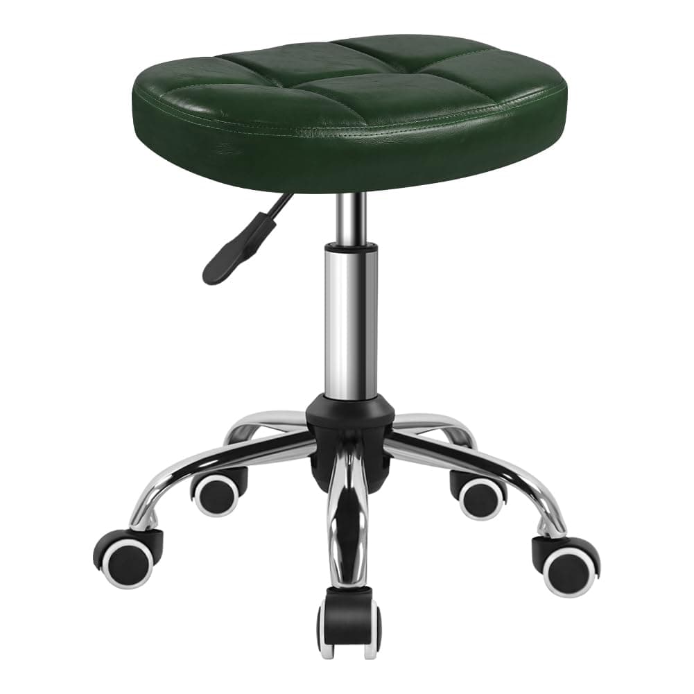 6-Square Lattice PU Swivel Stool with Wheel for Work SPA Shop Massage Height-Adjustable and Cost-Effective Rolling Stool Chair (Green)