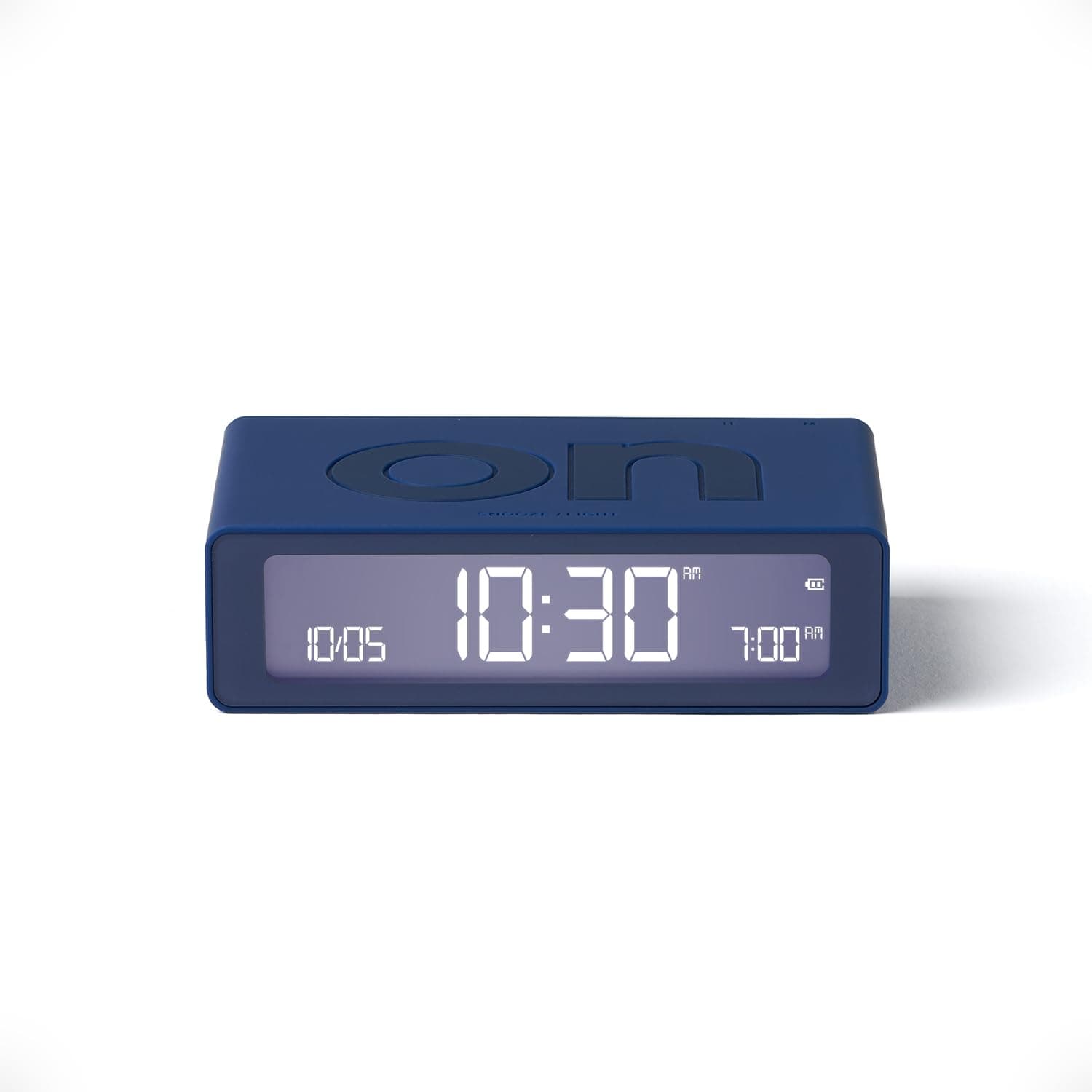 Lexon Flip Mini digital alarm clock, On Off LED clock with Adjustable Brightness, Rechargeable or Mains Powered, Sleek Retro Bedroom Decor Ideal for Alarm Clocks Bedside Use - Dark blue
