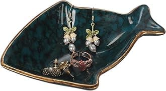 Vintage Tray Small Antique Trinket Dish Mini Holder,Rings Box with Animal Shape Design and Golden Trimming, Cute Rings Storage Organizer, Unique Gift, Aesthetic Room Decor (Agate Green-Fish)