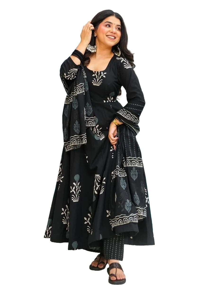 Women's Printed Anarkali Kurta and Trousers with Dupatta Set