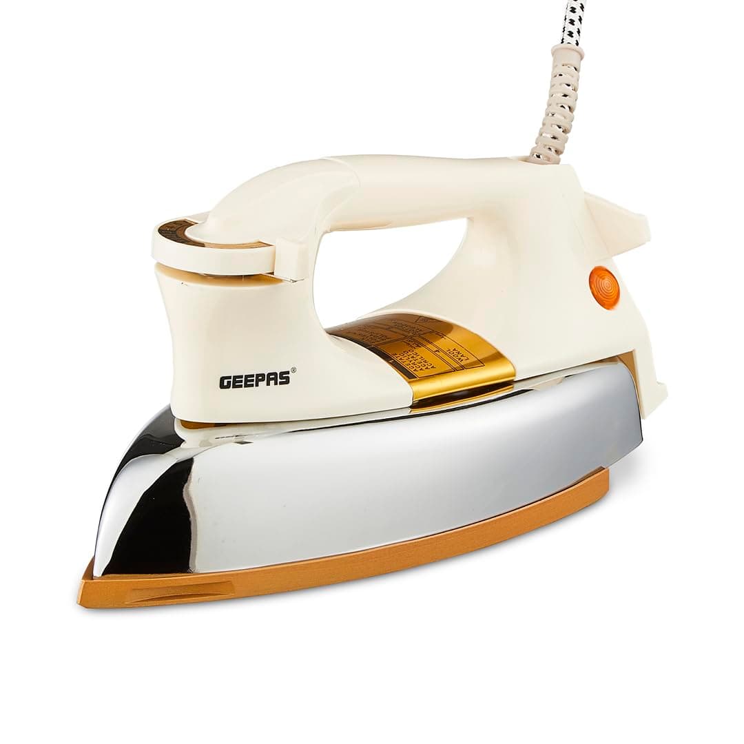 Geepas Automatic Dry Iron- GDI23011| Iron Box with Temperature Settings Dial and Auto Shut Off Function|Suitable for All Kinds of Fabric|7 Years Warranty, White and golden