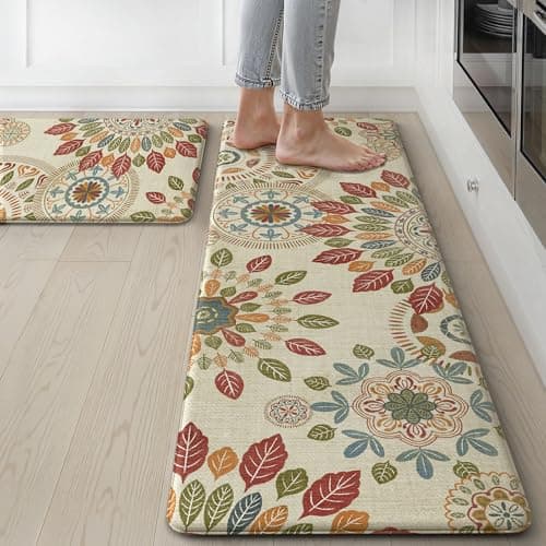 GENIMO Kitchen Mats for Floor 2PCS, Cushioned Kitchen Rugs Non Slip Washable, Farmhouse Anti Fatigue Mat Waterproof, Comfort Standing Mat Rug for Office, Home, Laundry, 17.3"x47"+17.3"x30", Beige&Red