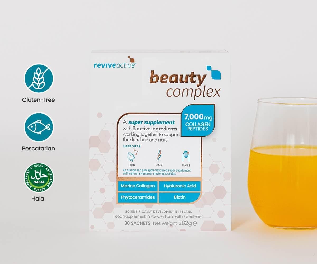 Beauty Complex Collagen Super Supplement by Revive Active - 8 Active Ingredients to Support Skin, Hair & Nails - Marine Peptides, Hyaluronic Acid, Vitamin C, Phytoceramides & Biotin 30 Day Supply